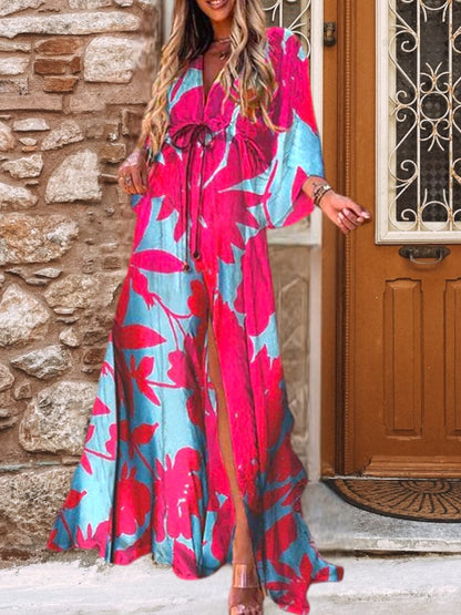 Leichtes farbenfrohes Maxikleid mit langen Ärmeln und lässigen Passform