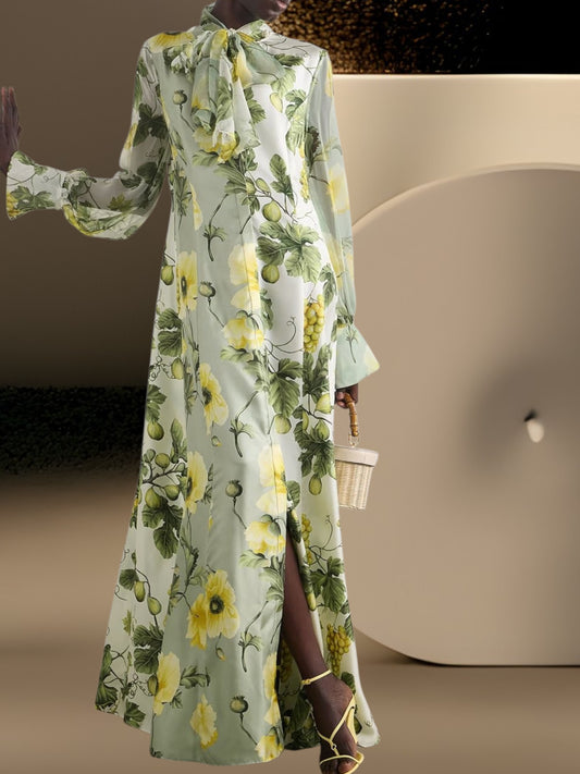 Lena | Elegantes Maxikleid Langarm mit Blumen- und Obstdruck für Damen | Grun