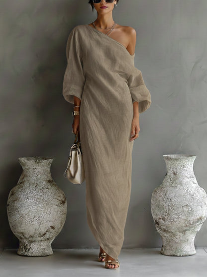 Maxi Kleid Damen | One-Shoulder mit Ballonärmel