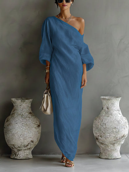 Maxi Kleid Damen | One-Shoulder mit Ballonärmel
