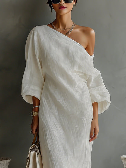 Maxi Kleid Damen | One-Shoulder mit Ballonärmel