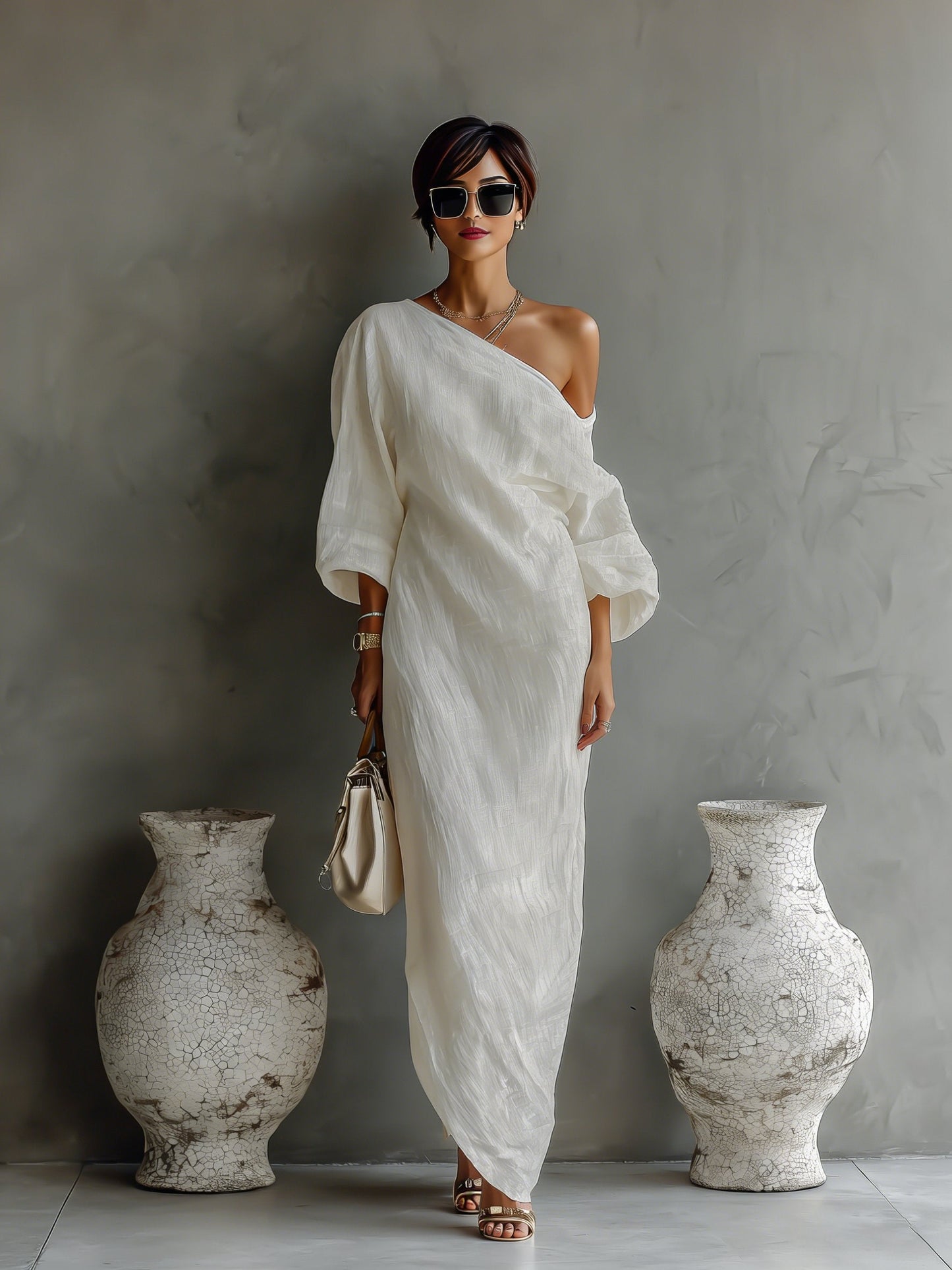 Maxi Kleid Damen | One-Shoulder mit Ballonärmel