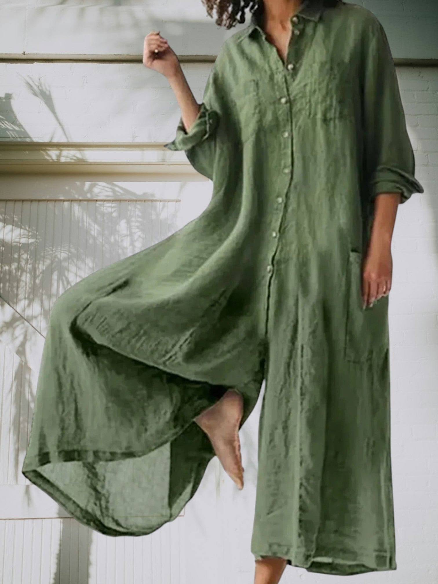 Lene | Eleganter Damen Jumpsuit aus hochwertigem, atmungsaktivem Material, lange Ärmel, lange Beine, zeitlos und vielseitig | Militärgrün
