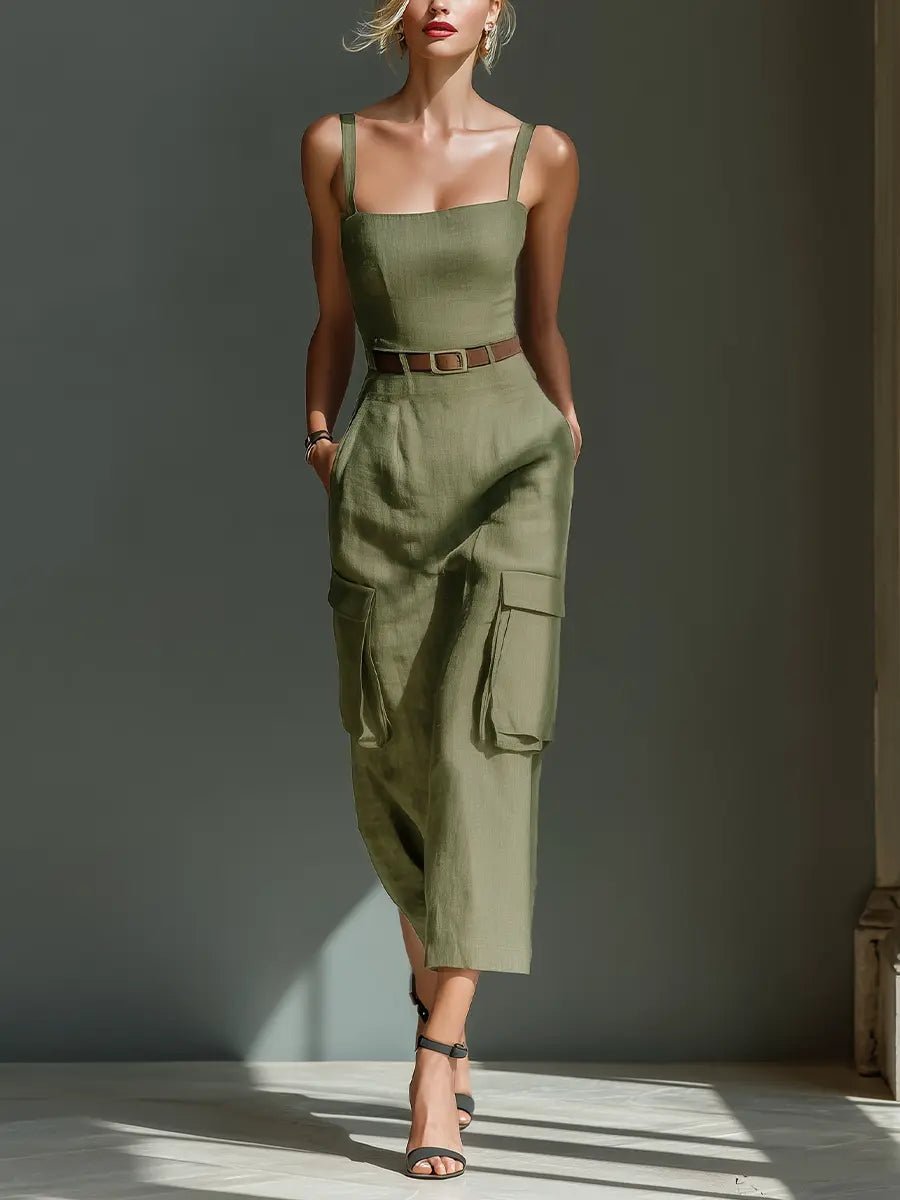 Midi Kleid Damen | Cargo-Stil mit Gürtel & Taschen