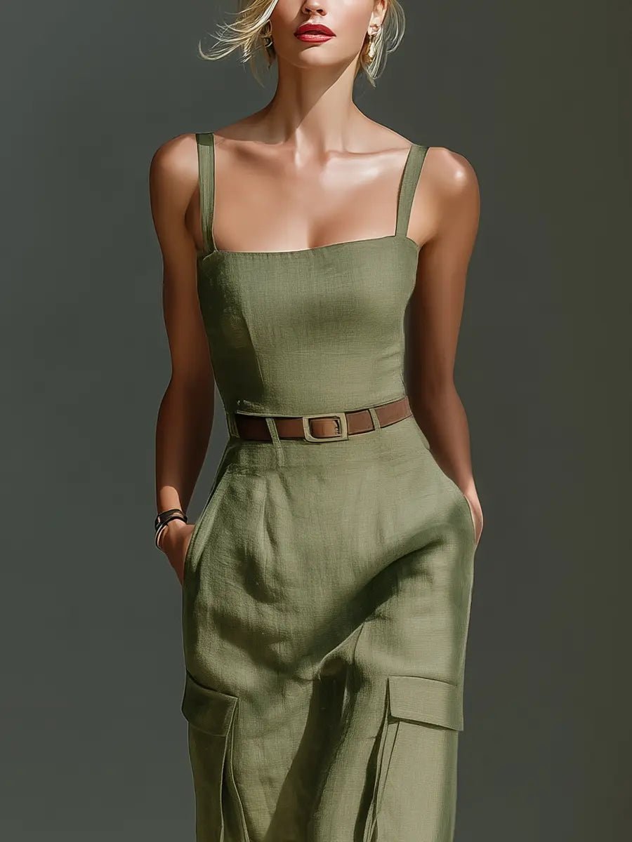 Midi Kleid Damen | Cargo-Stil mit Gürtel & Taschen