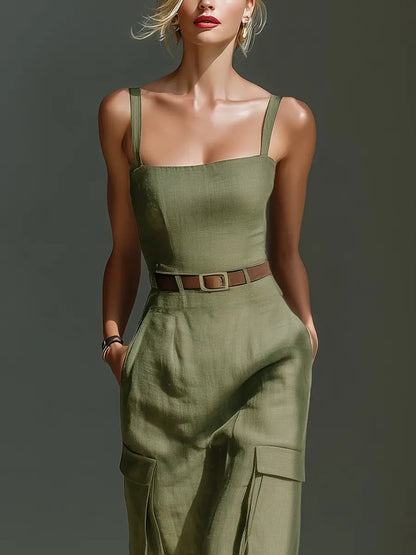 Midi Kleid Damen | Cargo-Stil mit Gürtel & Taschen