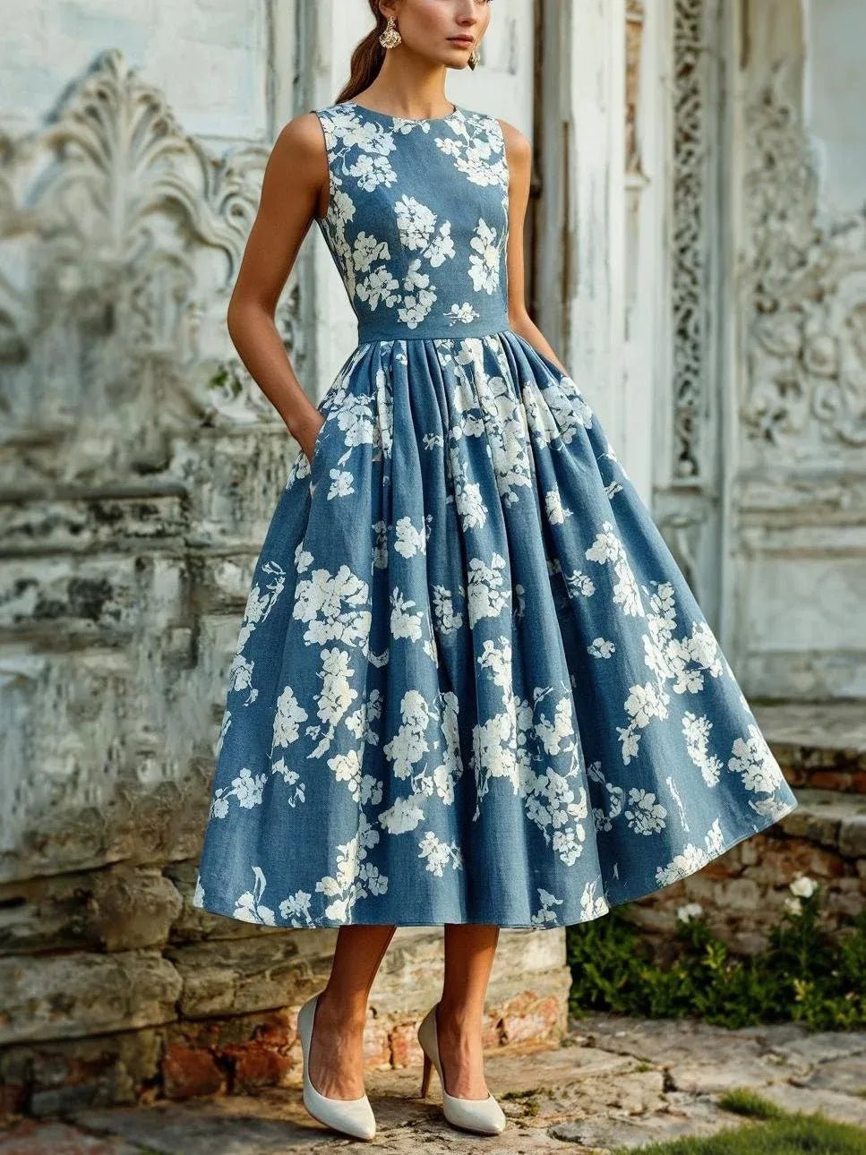 Midi Kleid Damen | Blumenmuster & Ausgestellter Rock