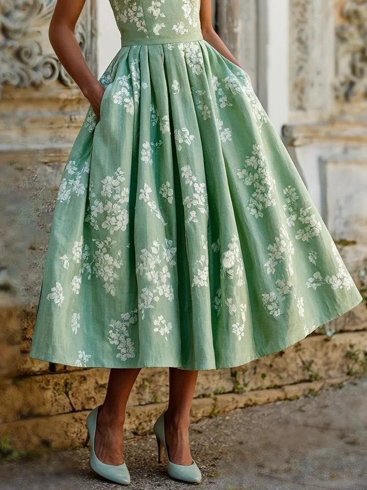 Midi Kleid Damen | Blumenmuster & Ausgestellter Rock