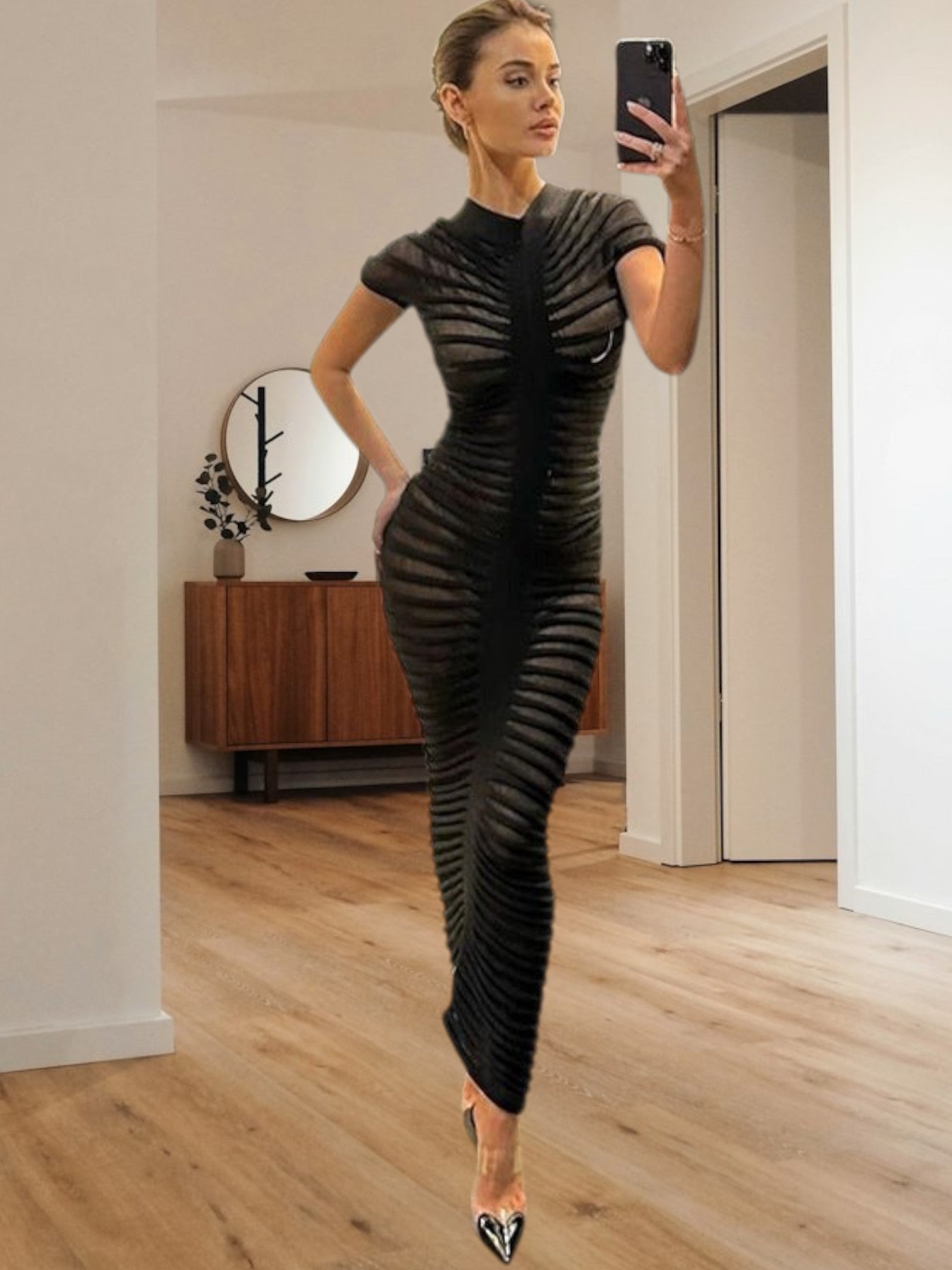 Linavia | Elegantes Damen-Midikleid aus dehnbarem Stoff mit raffiniertem Rippenmuster | Schwarz