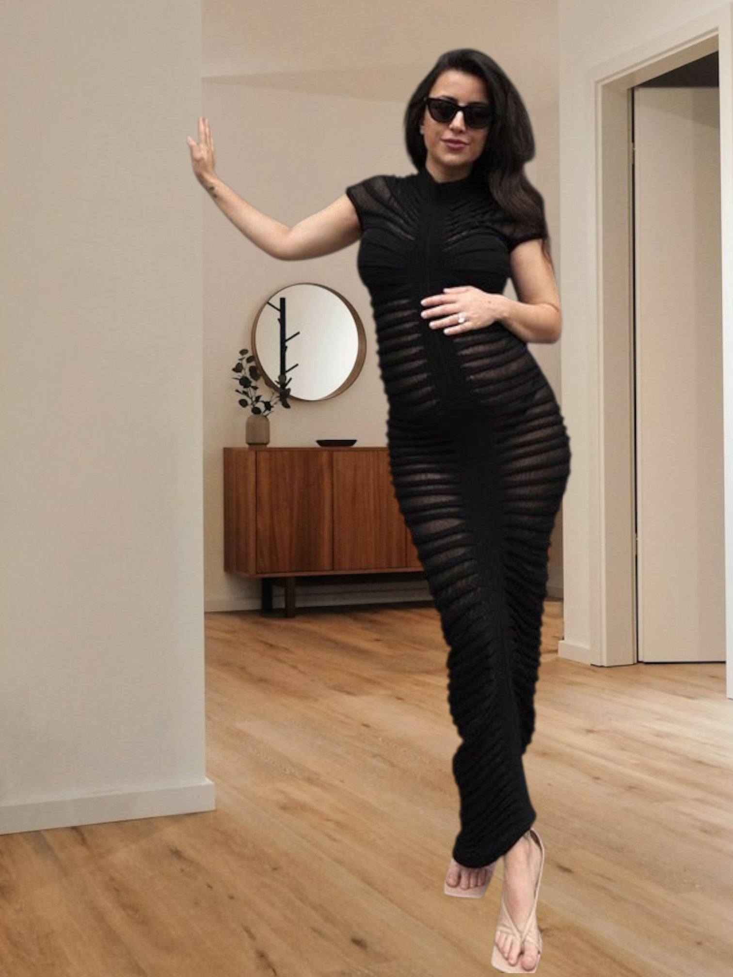 Linavia | Elegantes Damen-Midikleid aus dehnbarem Stoff mit raffiniertem Rippenmuster | Schwarz 2