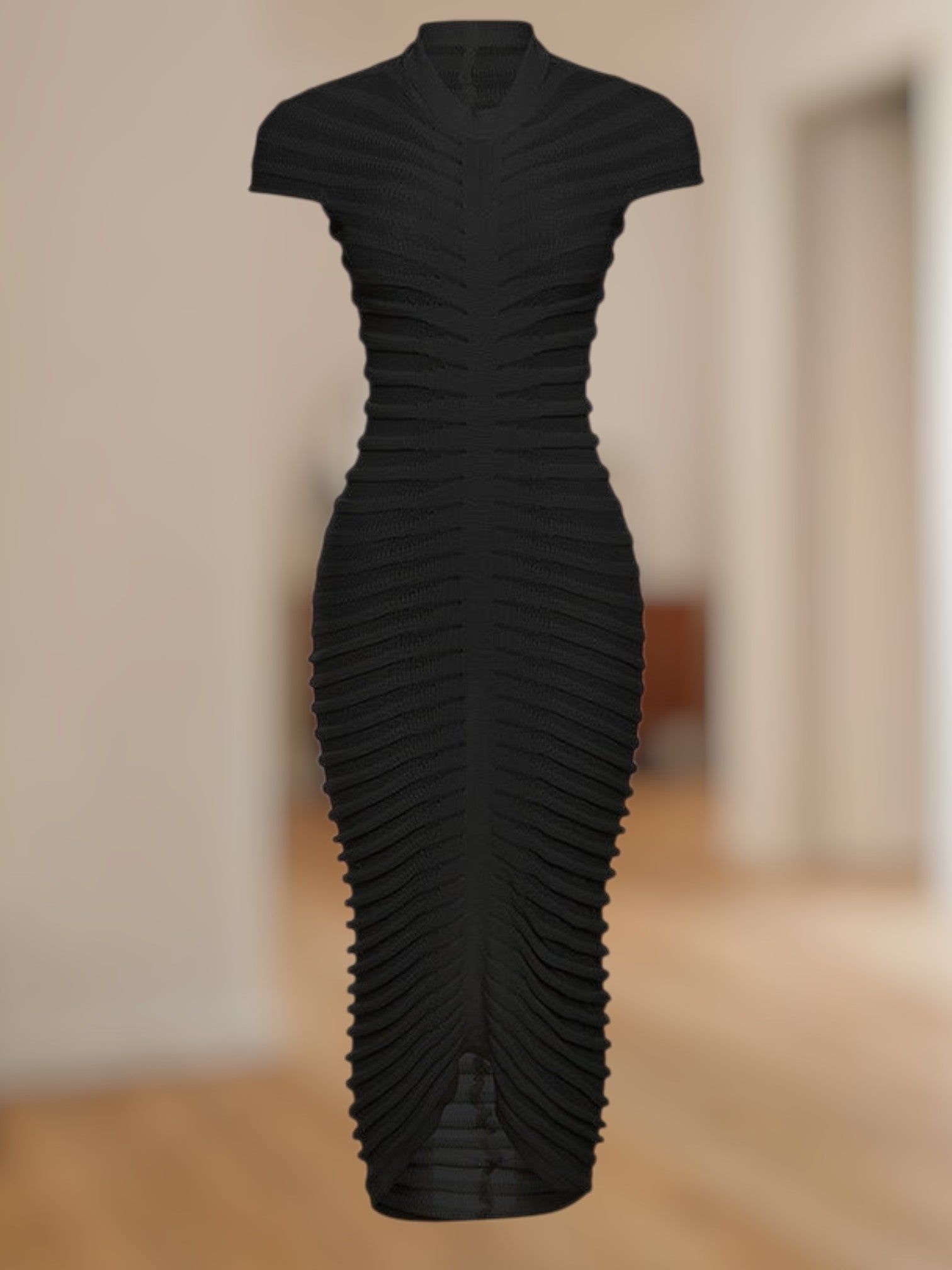 Linavia | Elegantes Damen-Midikleid aus dehnbarem Stoff mit raffiniertem Rippenmuster | Schwarz 3