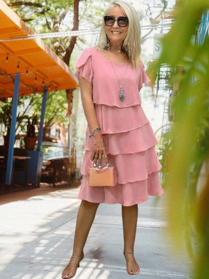 Line | Elegantes Damenkleid aus Seidenchiffon mit fließendem Schnitt, kurze Ärmel, knielang für festliche Anlässe | Rosa 2