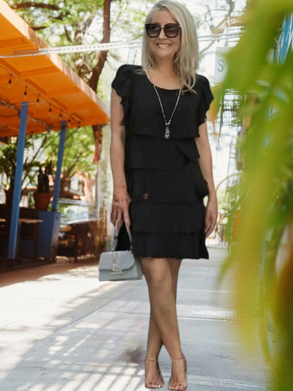 Line | Elegantes Damenkleid aus Seidenchiffon mit fließendem Schnitt, kurze Ärmel, knielang für festliche Anlässe | Schwarz 2