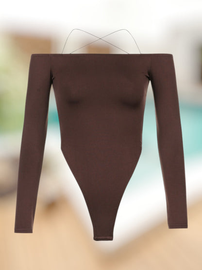 Loreva | Damen Body Schulterfrei mit langen Ärmeln aus elastischem Material | Braun 5