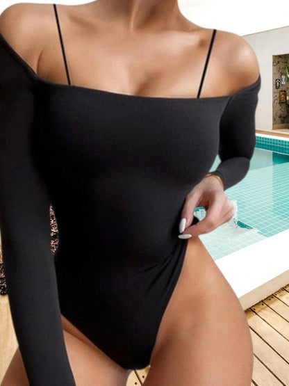 Loreva | Damen Body Schulterfrei mit langen Ärmeln aus elastischem Material | Schwarz