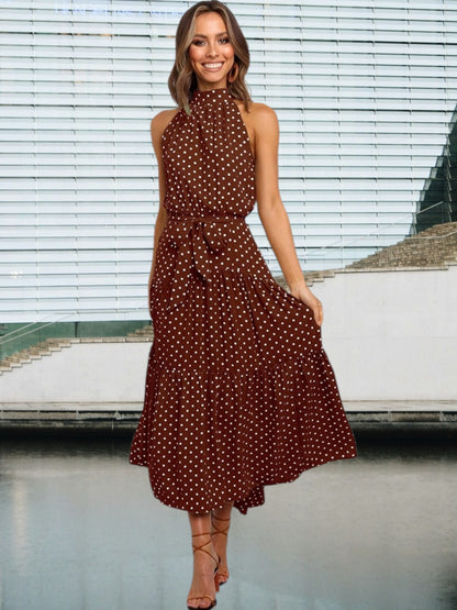 Loreva | Verspieltes Midi-Kleid mit Polka-Dots und Taillengürtel | Braun