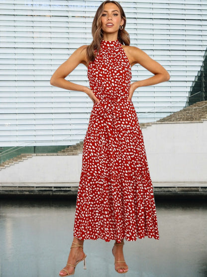 Loreva | Verspieltes Midi-Kleid mit Polka-Dots und Taillengürtel | DunkelRot
