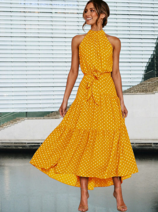 Loreva | Verspieltes Midi-Kleid mit Polka-Dots und Taillengürtel | Gelb