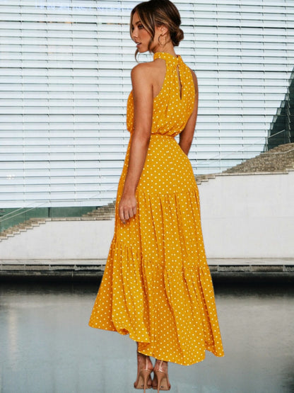 Loreva | Verspieltes Midi-Kleid mit Polka-Dots und Taillengürtel | Gelb 2
