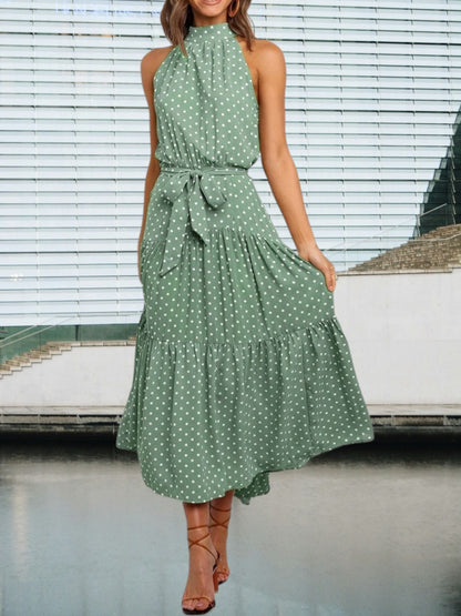Loreva | Verspieltes Midi-Kleid mit Polka-Dots und Taillengürtel | Grun