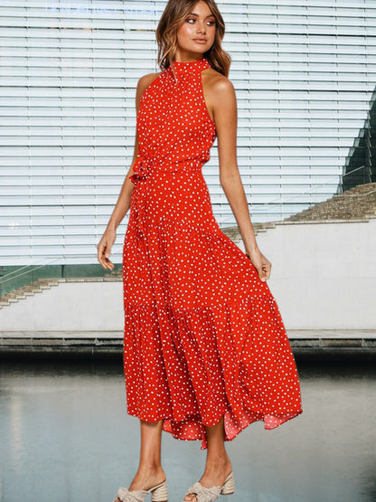 Loreva | Verspieltes Midi-Kleid mit Polka-Dots und Taillengürtel | Rot