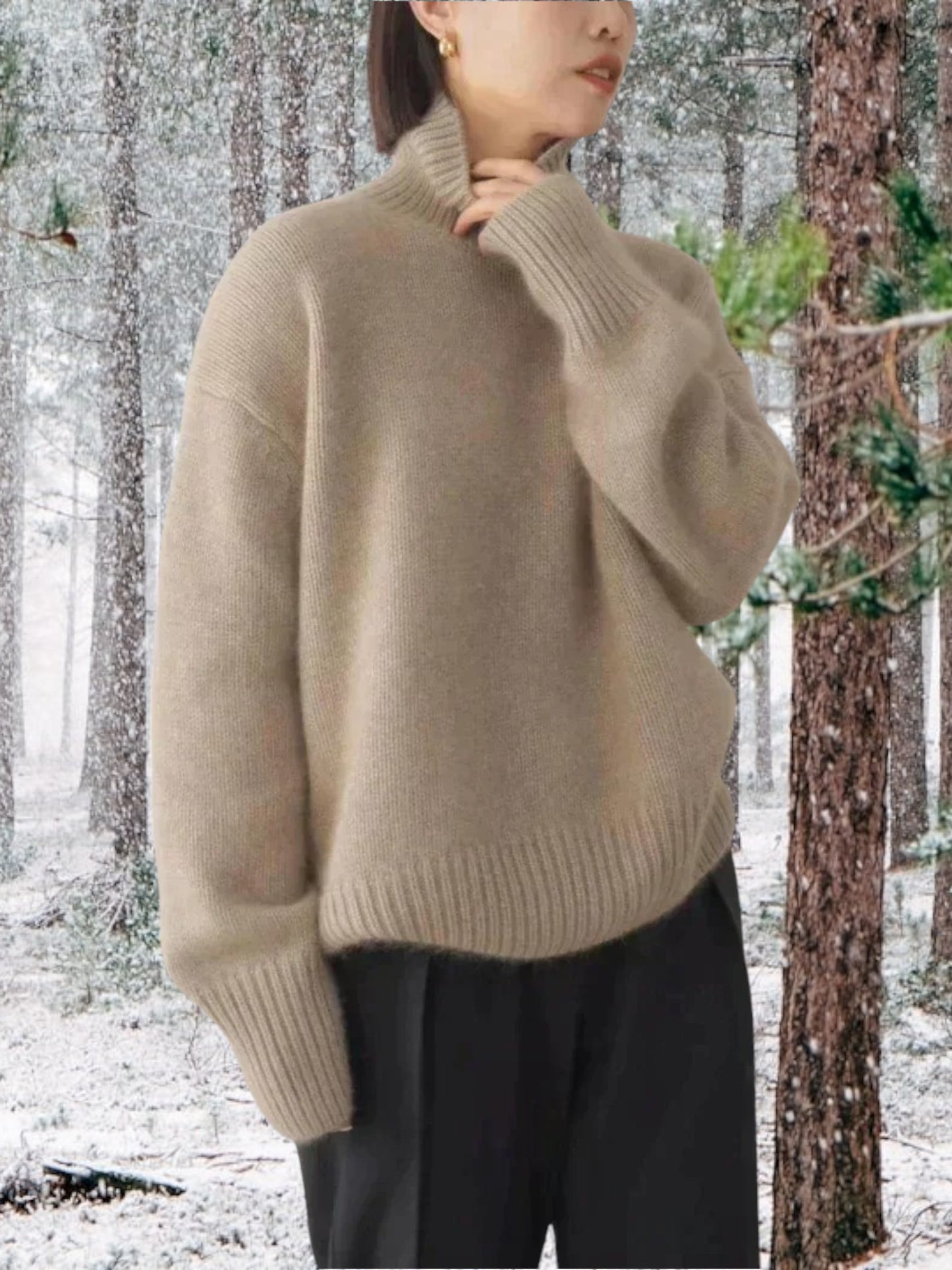 Louise | Hochwertiger Kaschmir Pullover Damen mit hohem Kragen und langen Ärmeln | Khaki