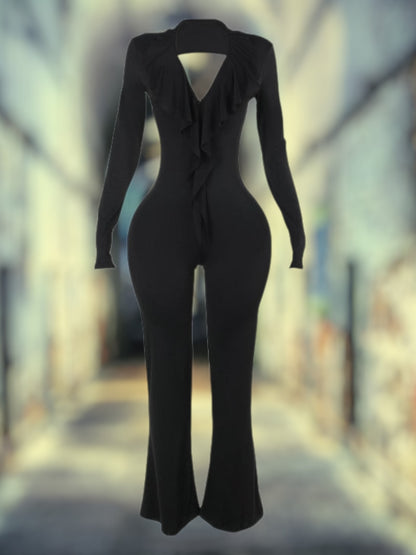 Luvina | Eleganter Damen Jumpsuit mit Drapierter Front, Langarm, V-Ausschnitt, Pflegeleicht | Schwarz 3