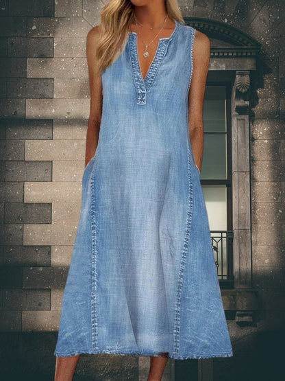 Malou | Elegantes Jeanskleid Damen mit V-Ausschnitt und schmeichelnder Passform, knielang aus hochwertigem Jeansstoff | Blau
