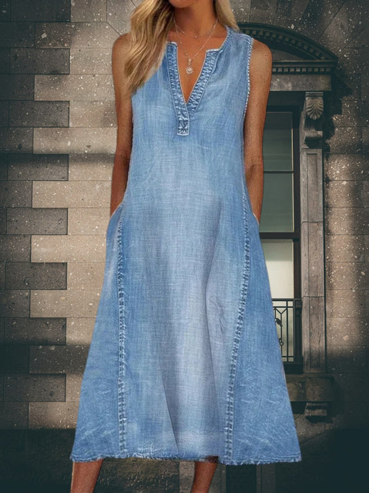 Malou | Elegantes Jeanskleid Damen mit V-Ausschnitt und schmeichelnder Passform, knielang aus hochwertigem Jeansstoff | Blau