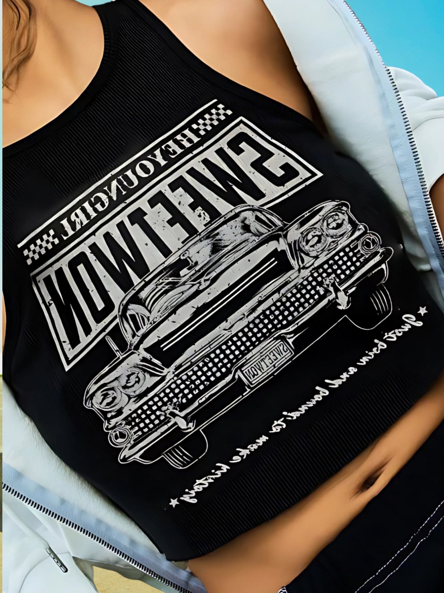 Manda | Damen Crop Top mit Kreativem Auto-Grafikdesign und Hohem Tragekomfort | Schwarz 2