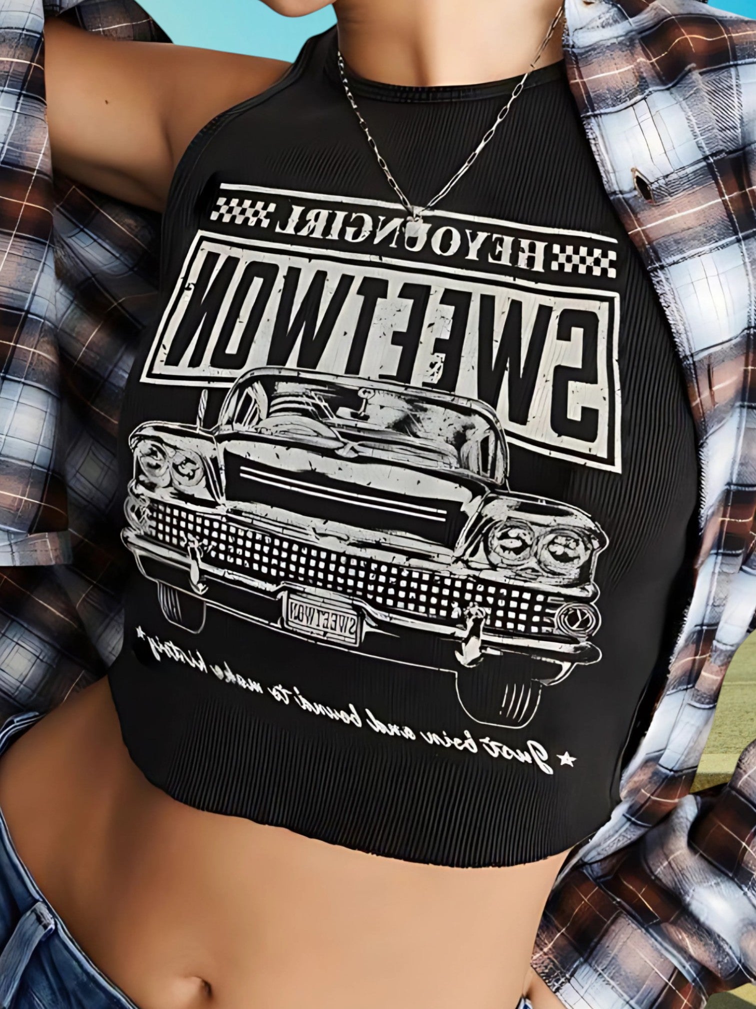 Manda | Damen Crop Top mit Kreativem Auto-Grafikdesign und Hohem Tragekomfort | Schwarz 3