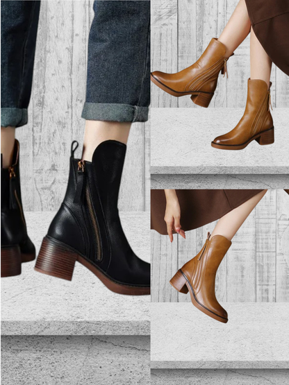 Margarete | Elegante Lederstiefeletten mit goldenem Reißverschluss und braunem Absatz für Damen | Braun 3