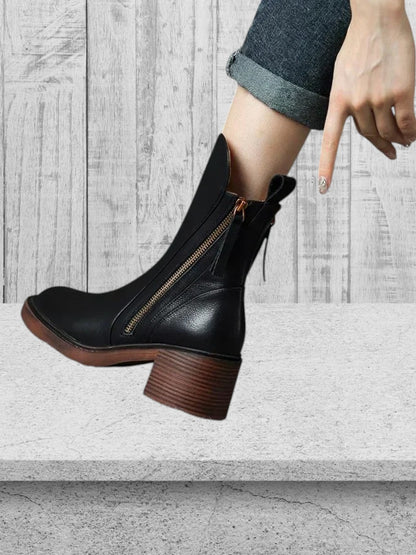 Margarete | Elegante Lederstiefeletten mit goldenem Reißverschluss und braunem Absatz für Damen | Schwarz 3