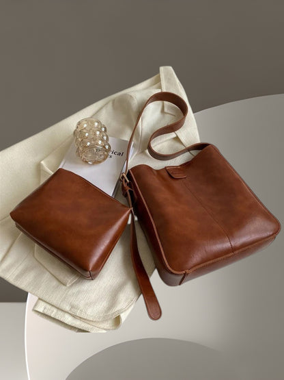 Mari | Elegantes Taschen Set aus veganem Leder mit praktischer Kupplung im Retro-Design | Braun