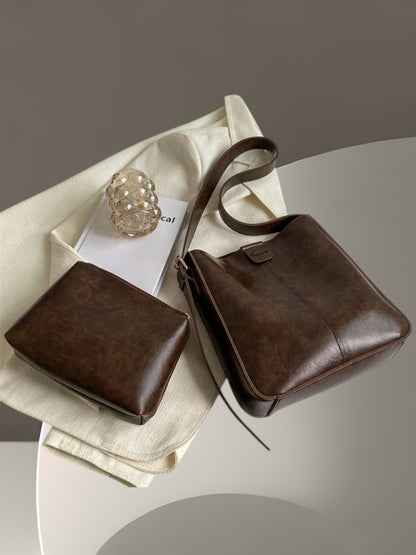 Mari | Elegantes Taschen Set aus veganem Leder mit praktischer Kupplung im Retro-Design | Kaffee