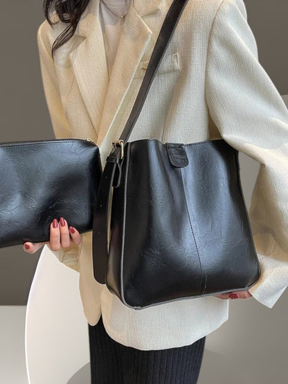 Mari | Elegantes Taschen Set aus veganem Leder mit praktischer Kupplung im Retro-Design | Schwarz 2