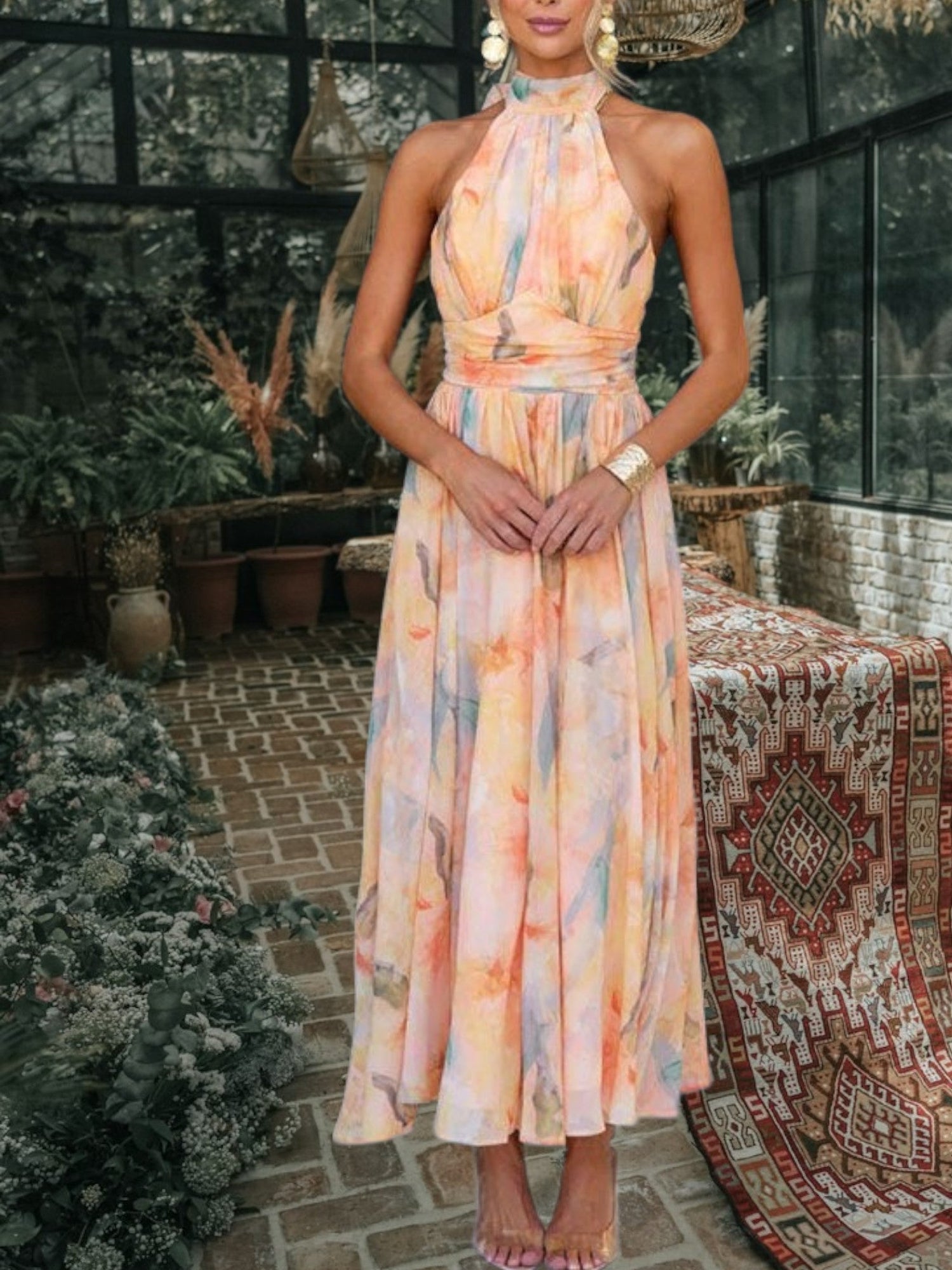 Maxi-Sommerkleid mit Neckholder-Ausschnitt, rückenfreies Design | Oange