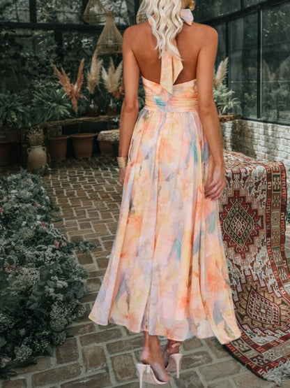 Maxi-Sommerkleid mit Neckholder-Ausschnitt, rückenfreies Design | Orange 2