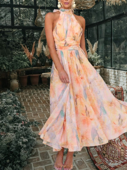 Maxi-Sommerkleid mit Neckholder-Ausschnitt, rückenfreies Design | Orange 3