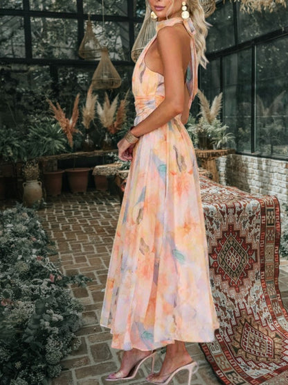 Maxi-Sommerkleid mit Neckholder-Ausschnitt, rückenfreies Design | Orange 5