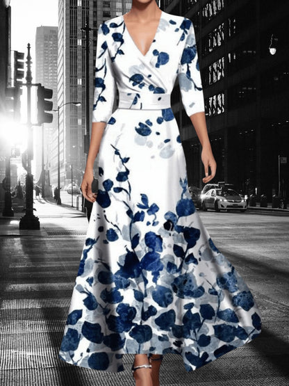 Melisande | Elegantes Abendkleid Lang mit Blumenmuster, V-Ausschnitt und Dreiviertelärmeln | Blau