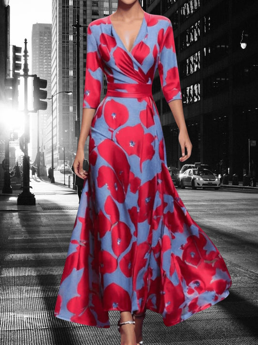Melisande | Elegantes Abendkleid Lang mit Blumenmuster, V-Ausschnitt und Dreiviertelärmeln | Rot