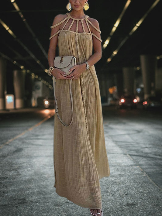 Mia | Drapiertes Maxi Kleid mit geflochtenen Details aus leichtem Polyester für Damen, ideal für den Sommer | Khaki