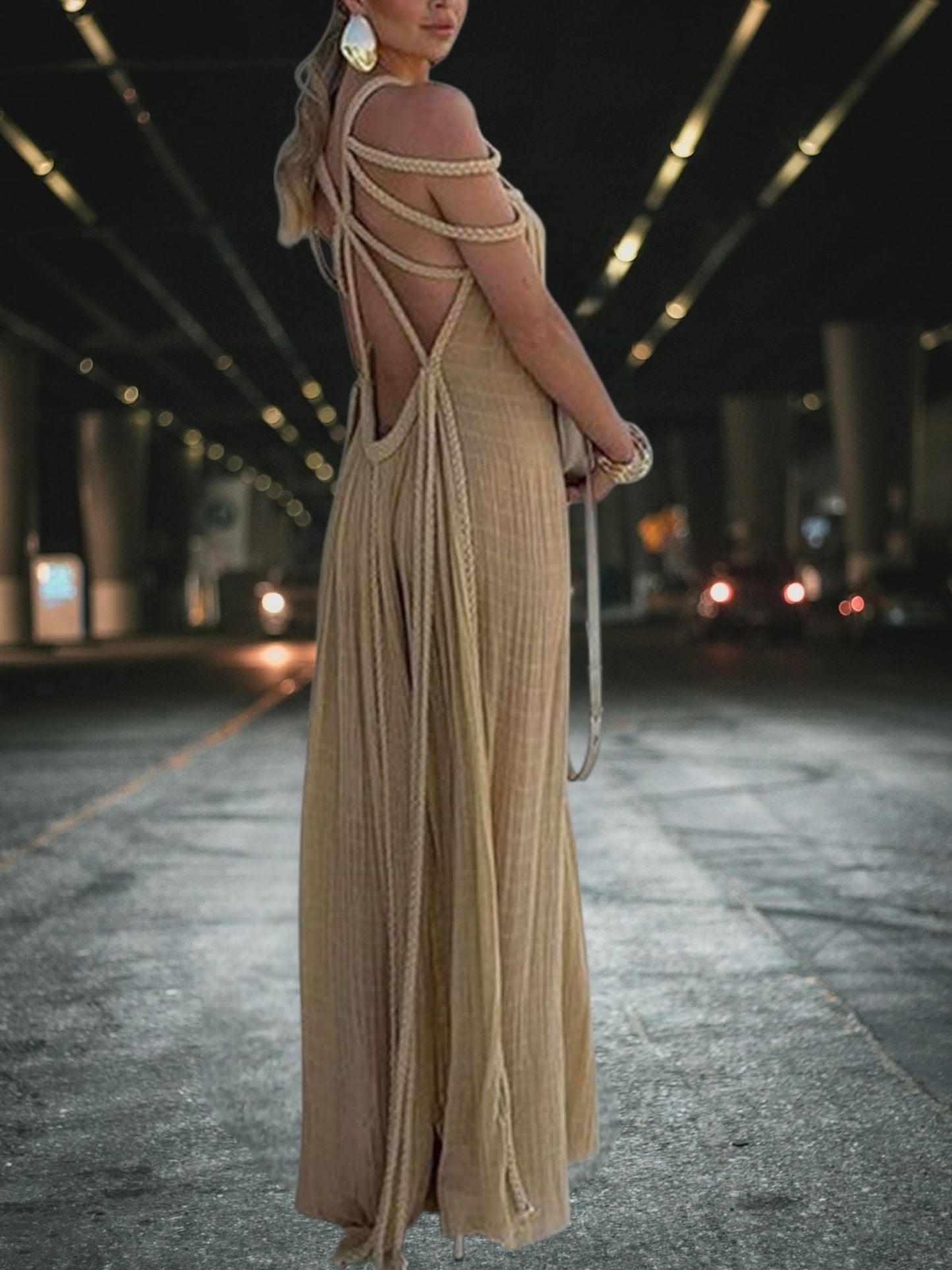 Mia | Drapiertes Maxi Kleid mit geflochtenen Details aus leichtem Polyester für Damen, ideal für den Sommer | Khaki 2