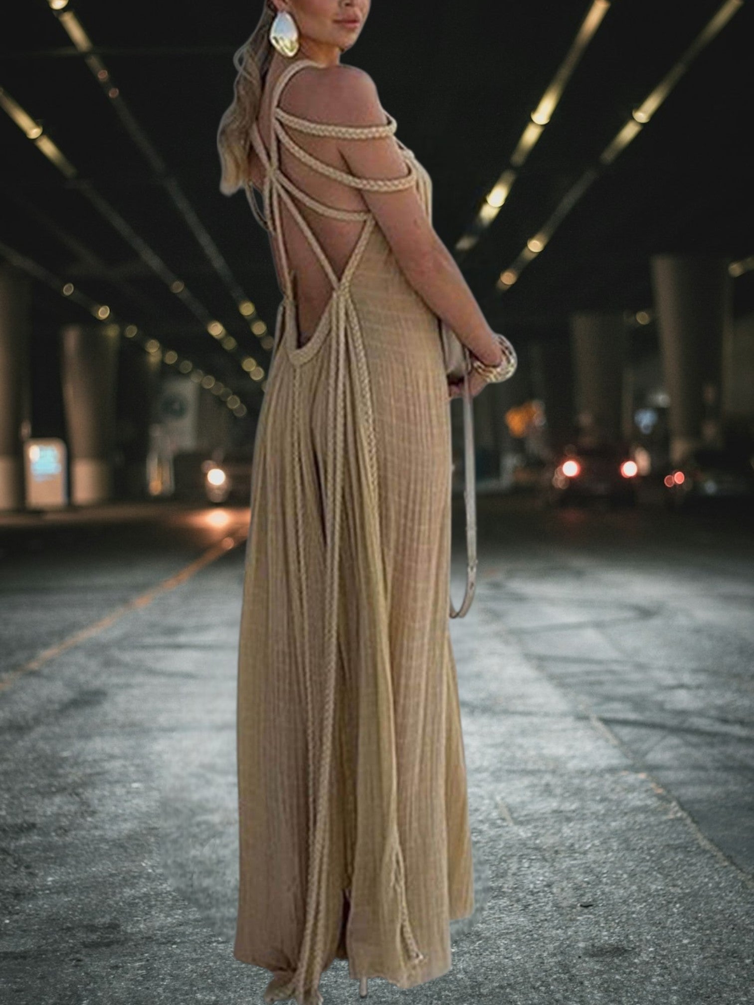Mia | Drapiertes Maxi Kleid mit geflochtenen Details aus leichtem Polyester für Damen, ideal für den Sommer | Khaki 2