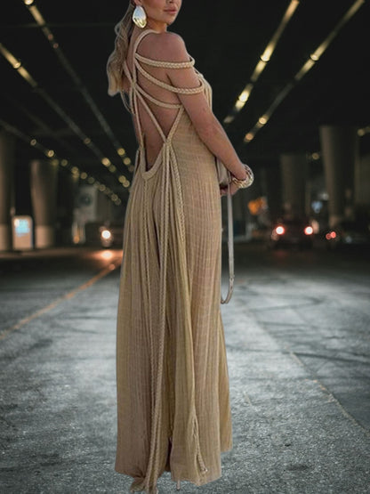 Mia | Drapiertes Maxi Kleid mit geflochtenen Details aus leichtem Polyester für Damen, ideal für den Sommer | Khaki 2
