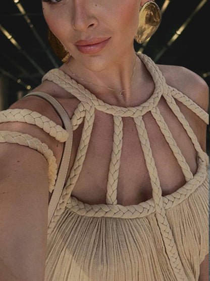 Mia | Drapiertes Maxi Kleid mit geflochtenen Details aus leichtem Polyester für Damen, ideal für den Sommer | Khaki 4