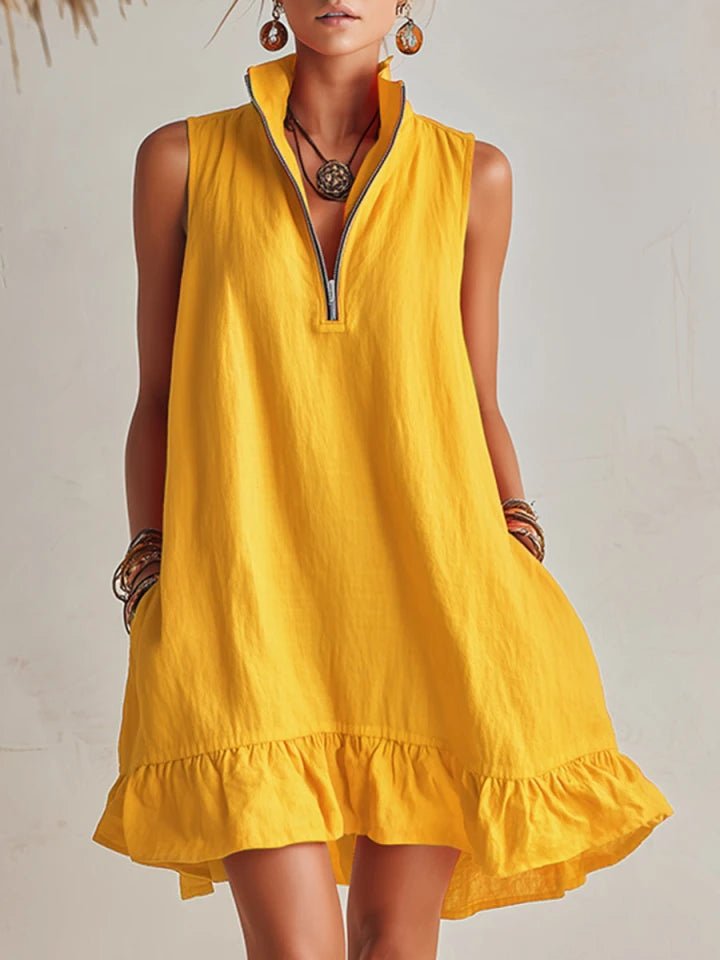 Mia | Damen Linen Stehkragen Reißverschluss Rüschen Mini Kleid 4