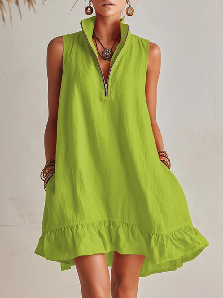 Mia | Damen Linen Stehkragen Reißverschluss Rüschen Mini Kleid 5