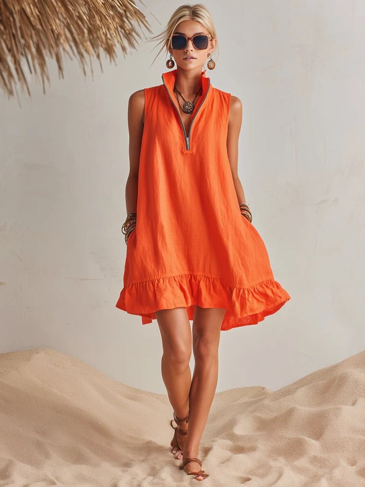 Mia | Damen Linen Stehkragen Reißverschluss Rüschen Mini Kleid 8